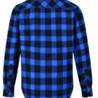 The image shows a blue and black checkered long-sleeve shirt viewed from the back. It has a pointed collar and buttoned cuffs.