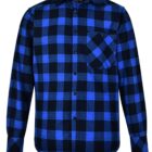A long-sleeved blue and black checkered flannel shirt with a button-up front and a single breast pocket.
