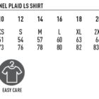 Size chart for a unisex classic flannel plaid long sleeve shirt. It displays ladies sizes from 8 to 26/28, reflections from 2XS to 7XL, with bust and body length measurements. Icons indicate wind & cold proof, UV protection, and easy care.