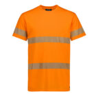 An orange high-visibility T-shirt with reflective silver horizontal stripes across the chest and waist. The shirt is displayed against a white background.