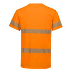 Orange high-visibility safety shirt with reflective gray stripes around the sleeves and torso, shown from the back against a white background.