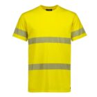 A bright yellow t-shirt with two horizontal gray reflective stripes on the chest and sleeves. It features a round neckline and short sleeves, designed for high visibility.