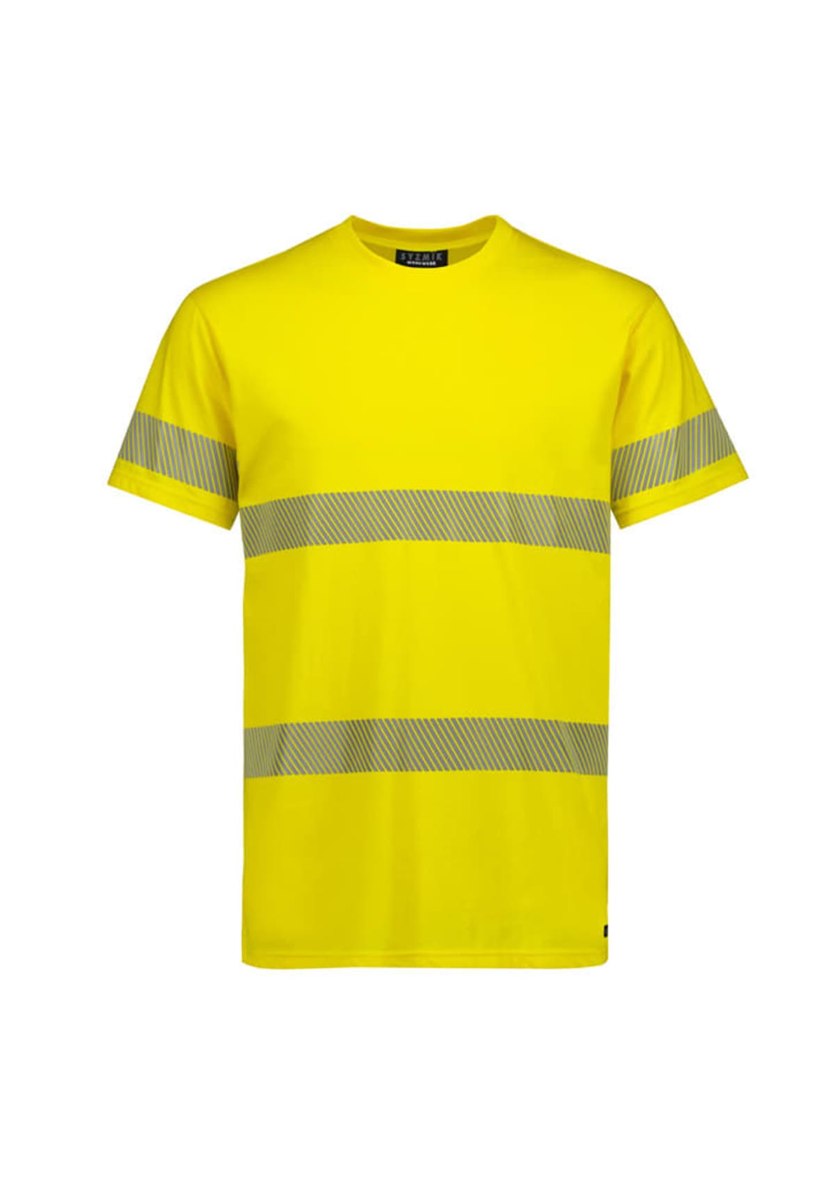 A bright yellow t-shirt with two horizontal gray reflective stripes on the chest and sleeves. It features a round neckline and short sleeves, designed for high visibility.