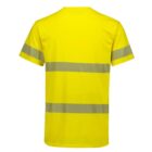 A yellow safety T-shirt with two horizontal reflective gray stripes across the chest and arms. The shirt is displayed against a plain white background.
