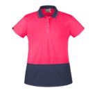 A short-sleeved polo shirt with a vibrant pink top section and a dark navy bottom. It features a collar and three buttons on the front.