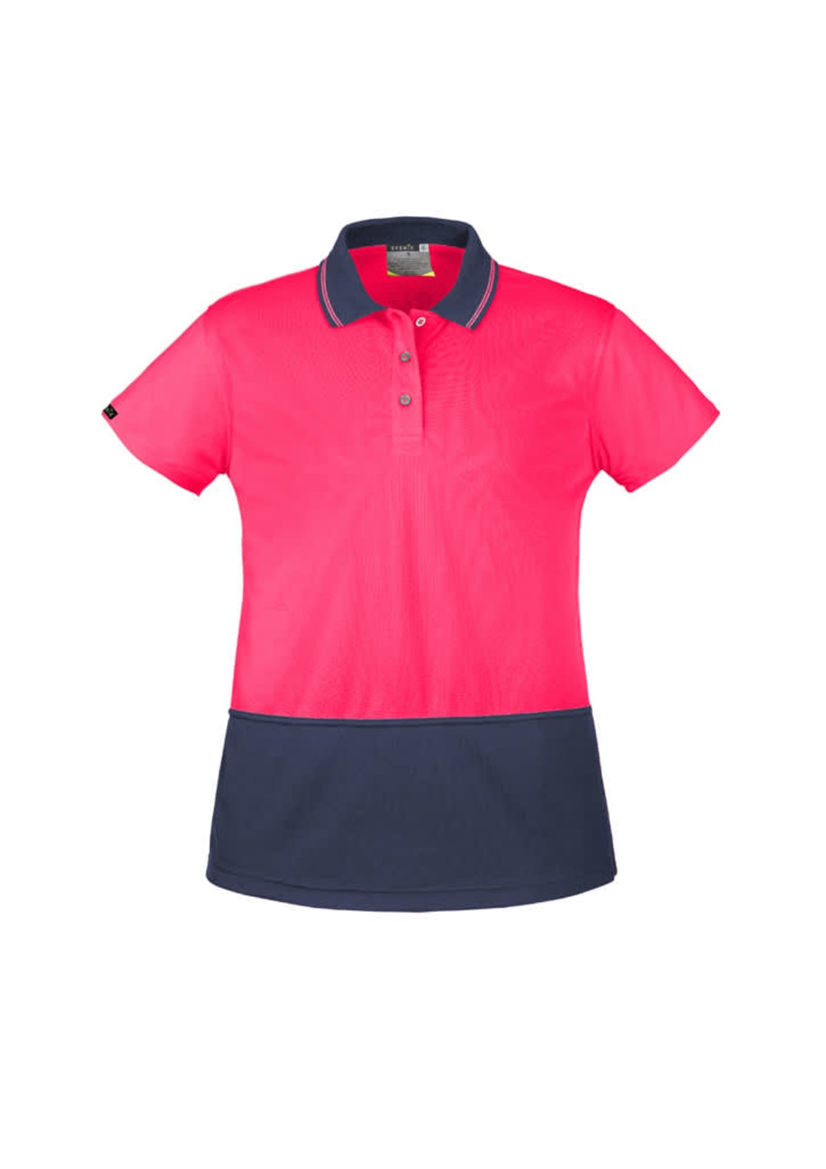 A short-sleeved polo shirt with a vibrant pink top section and a dark navy bottom. It features a collar and three buttons on the front.