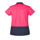 A short-sleeve polo shirt with a bright pink top and dark blue bottom section. The shirt features a collar and a relaxed fit. The back view showcases the contrasting color design.