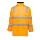 A bright orange high-visibility jacket with reflective silver stripes across the chest, arms, and shoulders, featuring a stand-up collar and two large front pockets.