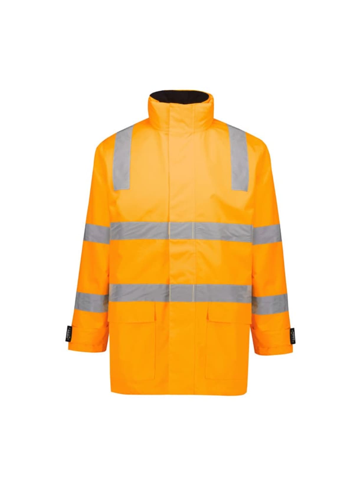 A bright orange high-visibility jacket with reflective silver stripes across the chest, arms, and shoulders, featuring a stand-up collar and two large front pockets.
