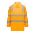 A bright orange safety jacket with reflective gray stripes across the back and sleeves. The jacket features a hood and adjustable cuffs, designed for high visibility in low-light conditions.