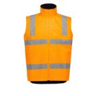 A bright orange safety vest with silver reflective stripes across the chest and shoulders, displayed against a plain white background.