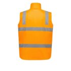 Back view of a bright orange high-visibility safety vest with grey reflective stripes across the shoulders and chest, set against a white background.