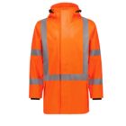 An orange safety jacket with gray reflective stripes on the chest, arms, and cuffs. It features a hood, front zipper closure, and pocket. The high-visibility design is suited for outdoor or construction work.