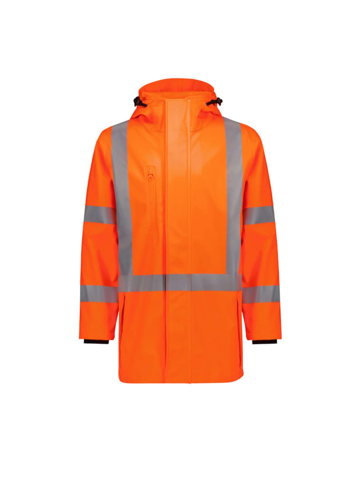 An orange safety jacket with gray reflective stripes on the chest, arms, and cuffs. It features a hood, front zipper closure, and pocket. The high-visibility design is suited for outdoor or construction work.