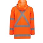 A bright orange high-visibility jacket with reflective gray stripes on the arms, shoulders, and back. The jacket features a hood and is shown from the back against a plain white background.
