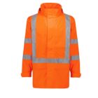 Bright orange waterproof jacket with reflective silver stripes on the chest, back, and sleeves. It has a hood and large front pockets, designed for high visibility.