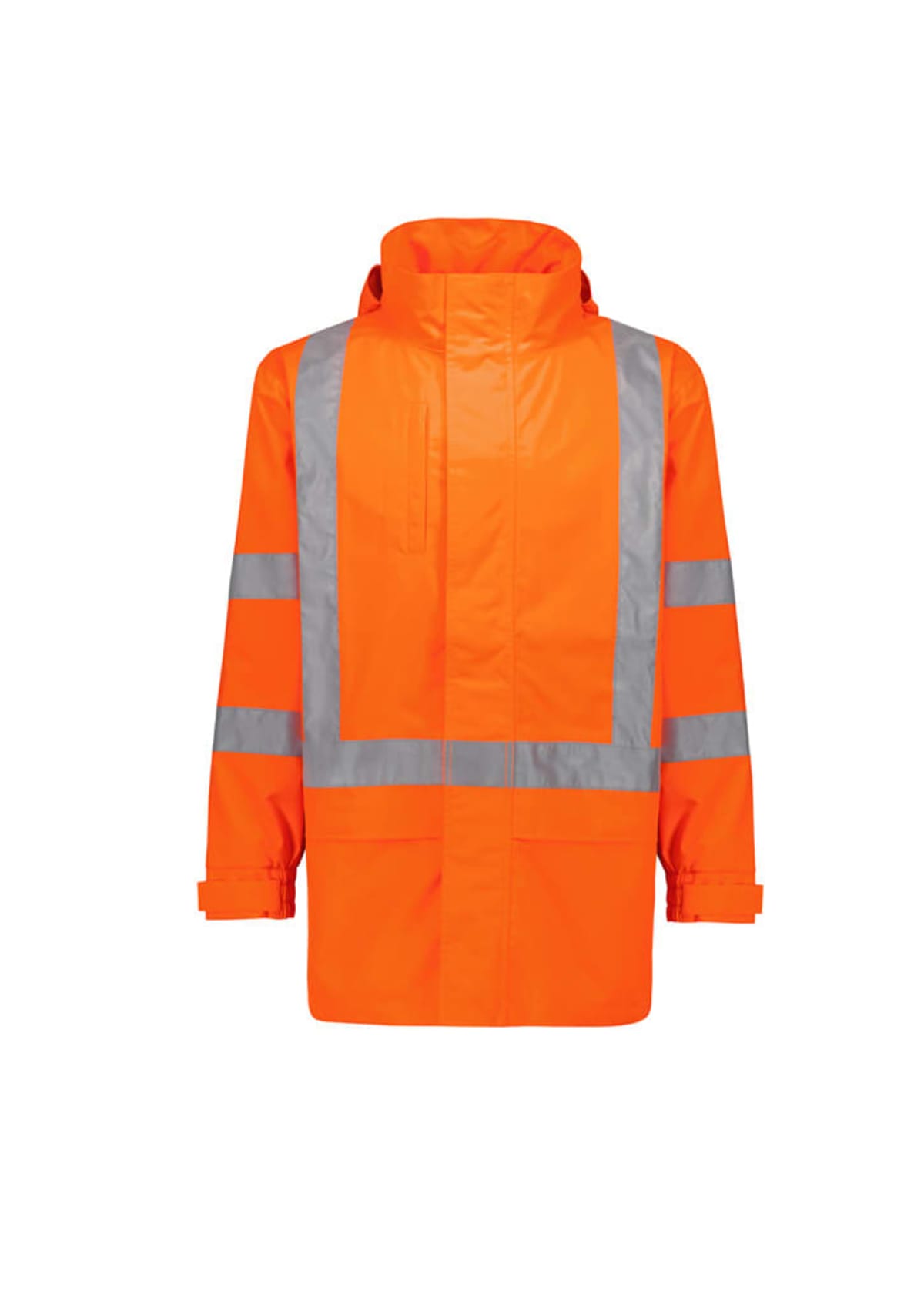 Bright orange waterproof jacket with reflective silver stripes on the chest, back, and sleeves. It has a hood and large front pockets, designed for high visibility.