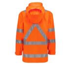 A bright orange safety jacket with reflective silver stripes on the sleeves, back, and forming a triangle pattern on the back. The jacket features an attached hood and adjustable cuffs.