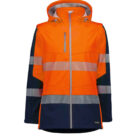 High-visibility jacket in bright orange with reflective silver stripes across the chest, waist, and sleeves. The jacket has a hood, black lower sections on the body and sleeves, and a front zipper closure.
