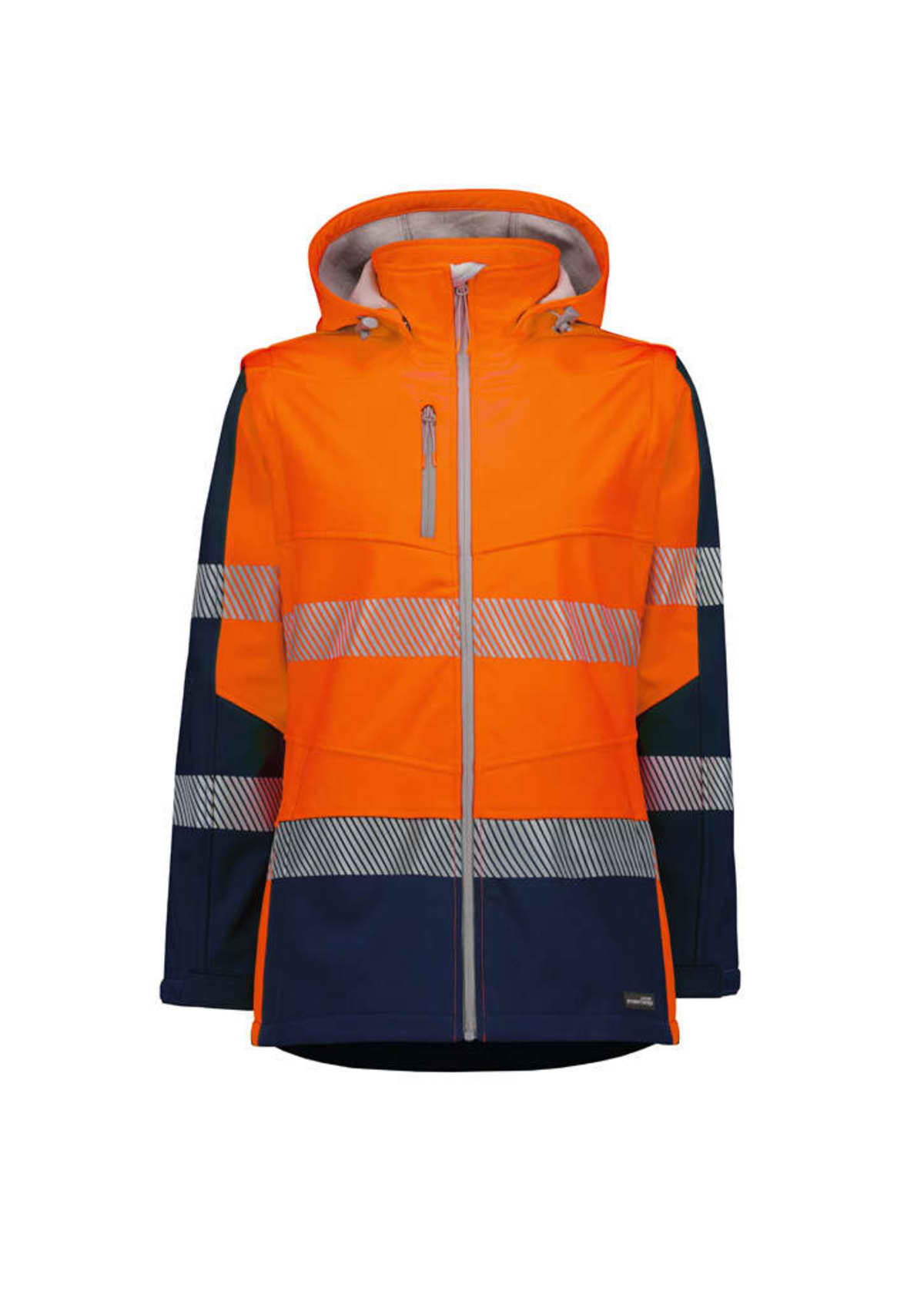 High-visibility jacket in bright orange with reflective silver stripes across the chest, waist, and sleeves. The jacket has a hood, black lower sections on the body and sleeves, and a front zipper closure.
