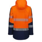 A fluorescent orange and navy blue safety jacket featuring reflective silver stripes on the back and sleeves, designed for high visibility. The jacket has a hood and is photographed against a plain white background.