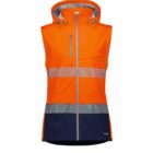A sleeveless, high-visibility safety vest with a hood. It is bright orange with reflective silver stripes across the chest and lower area. The vest includes a front zipper and a zippered chest pocket.