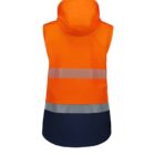 A bright orange sleeveless safety vest with a hood, featuring reflective silver stripes and a dark blue panel at the bottom, displayed against a plain white background.