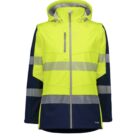 A high-visibility jacket featuring fluorescent yellow and navy colors. It has reflective silver stripes across the torso and sleeves, a hood, and a vertical chest pocket. The design highlights safety and visibility.