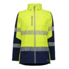 A high-visibility jacket featuring bright yellow-green panels and reflective silver stripes, paired with dark blue sleeves. It has a front zipper pocket and is designed for safety and visibility.