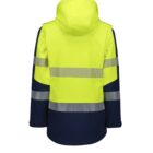 The image shows a high-visibility jacket with a bright yellow top and navy blue lower half. It features reflective silver stripes around the torso and arms. The jacket has long sleeves and a hood, and it is displayed on a white background.
