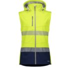 Bright yellow and navy blue sleeveless safety vest with a hood and vertical front zipper. The vest features reflective horizontal stripes for visibility.