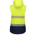 A sleeveless high-visibility safety vest with a hood, featuring fluorescent yellow fabric. It has reflective strips across the back and a dark navy band at the bottom.