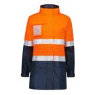 Orange and navy blue high-visibility jacket with reflective white stripes across the chest and arms. The jacket features a high collar, long sleeves, and a front pocket on the left side of the chest.