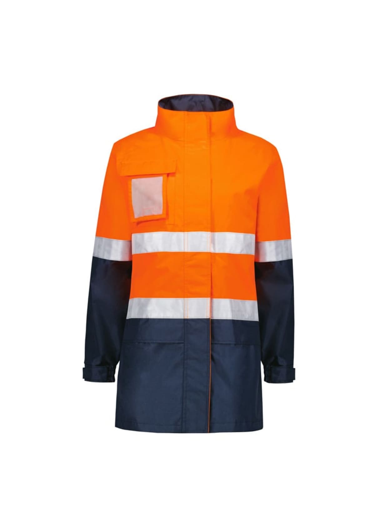 Orange and navy blue high-visibility jacket with reflective white stripes across the chest and arms. The jacket features a high collar, long sleeves, and a front pocket on the left side of the chest.