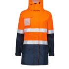 A high-visibility jacket with bright orange and navy blue colors. It features reflective white stripes across the chest, midsection, and sleeves, and has a hood.