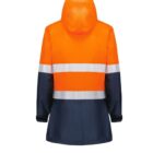 A bright orange and navy raincoat with a hood, featuring reflective white stripes across the chest and back. The coat is shown from the back on a plain white background.