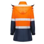 An orange and navy blue high-visibility jacket with reflective stripes and a hood. The jacket is displayed from the back, highlighting its design and safety features.
