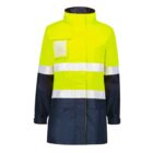 A high-visibility jacket in bright yellow with black sleeves and a stand-up collar. It features white reflective bands around the chest and arms, and a pocket on the left chest area.