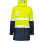 A yellow and navy blue high-visibility rain jacket with reflective white stripes. It features a hood and multiple pockets. The upper portion is bright yellow, while the lower part and sleeves are navy blue.
