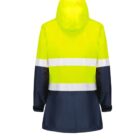 A high-visibility safety jacket with a bright yellow upper section and dark blue lower section. Two horizontal reflective stripes encircle the torso. The jacket has a hood and long sleeves, viewed from the back.