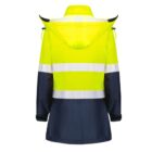 A high-visibility jacket with a bright yellow upper section and dark blue lower section. It features reflective white horizontal stripes and has a hood. The jacket is displayed from the back.