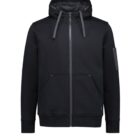 A black zip-up hoodie with a drawstring hood, two front pockets, and ribbed cuffs. The jacket has a small patch on the sleeve and is displayed on a white background.