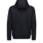 Image of a black hooded sweatshirt viewed from the back. The sweatshirt features a patch on the upper left sleeve and ribbed cuffs and hem. The hood is up and there are no visible designs or logos.