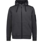 A plain dark gray zip-up hoodie with a drawstring hood, front pockets, and ribbed cuffs. A small sleeve detail is visible on the left arm. The hoodie is displayed against a white background.