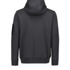 The image shows the back view of a plain black hooded sweatshirt with long sleeves. Theres a pocket on the upper part of the left sleeve.