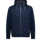 Navy blue zip-up hoodie with a drawstring hood, front pockets, and a small gray patch on the left sleeve.