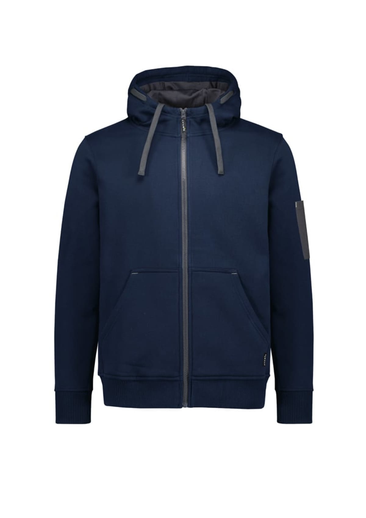 Navy blue zip-up hoodie with a drawstring hood, front pockets, and a small gray patch on the left sleeve.