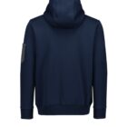 Back view of a navy blue hoodie with a hood and ribbed cuffs. The right sleeve features a small, rectangular patch. The hoodie is displayed against a plain white background.