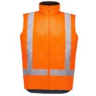 An orange safety vest with reflective silver stripes, designed for visibility. The vest is sleeveless with a front zipper closure.