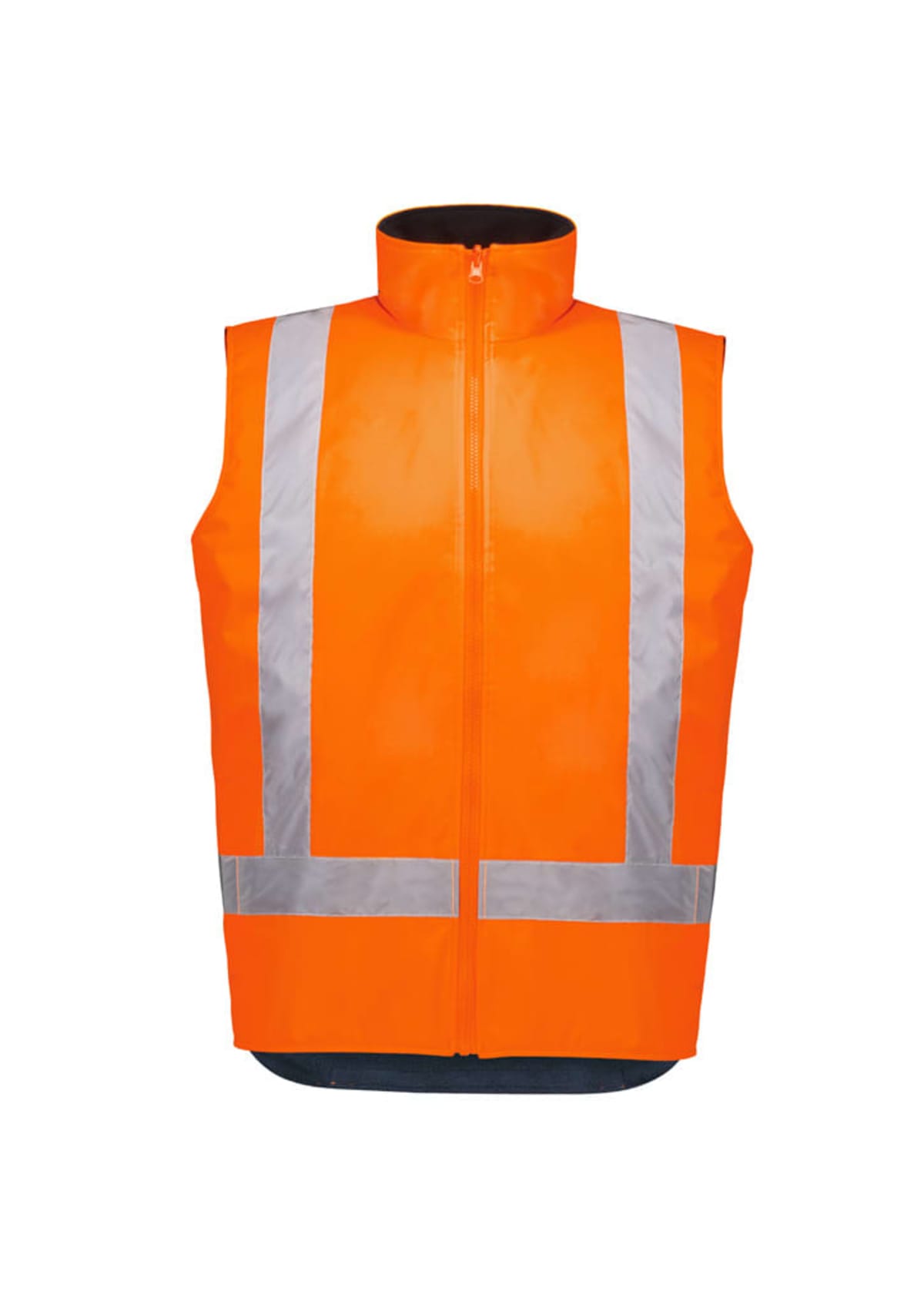 An orange safety vest with reflective silver stripes, designed for visibility. The vest is sleeveless with a front zipper closure.